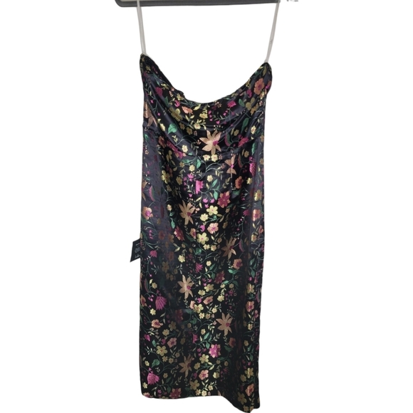 Lulus Make a Move Black Satin Floral Jacquard Strapless Midi Dress Size M - Picture 3 of 10